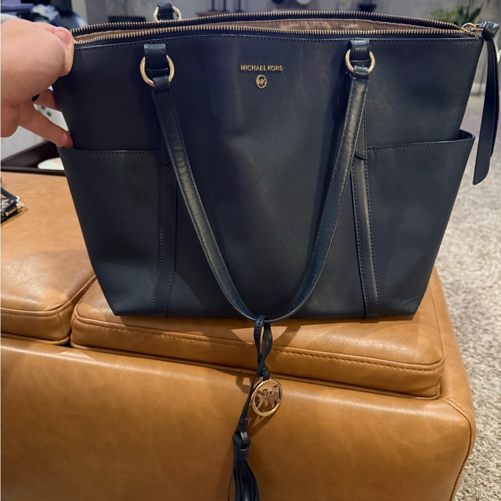 Michael Kors Blue Leather Tote Bag with Polished Finish